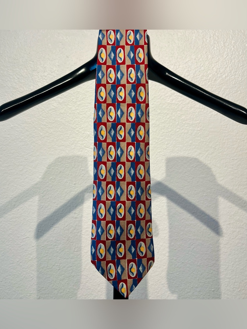 Vintage London Fog Red, Blue & Yellow Geometric 100% Italian Silk Tie